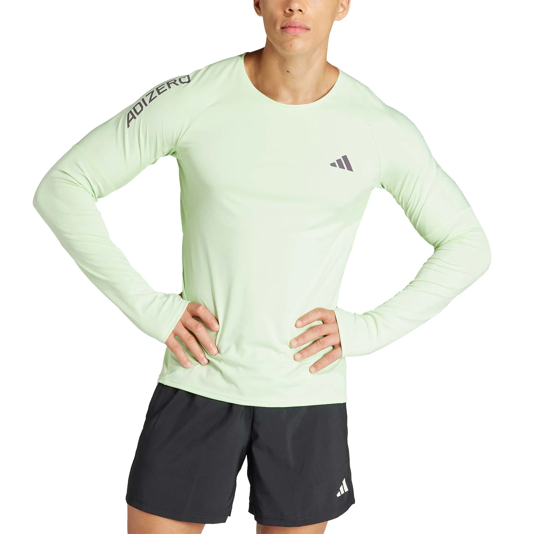 Adidas Mens Adizero Running Long Sleeve Top in Semi Green Spark/Aurora Black