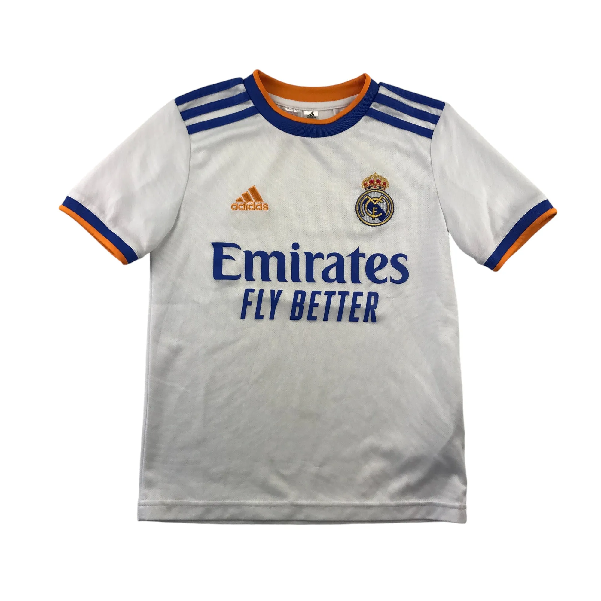 Adidas Real Madrid Football strip 7-8 years white and blue short sleeve top