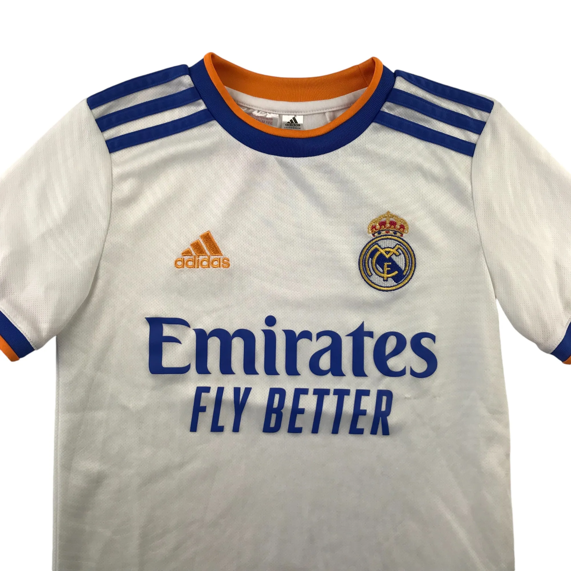 Adidas Real Madrid Football strip 7-8 years white and blue short sleeve top