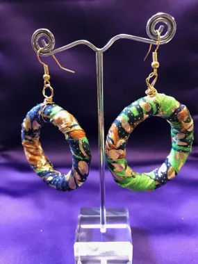 African Hoops in Gold Green Ankara Print - Up cycled Zero Waste Earrings