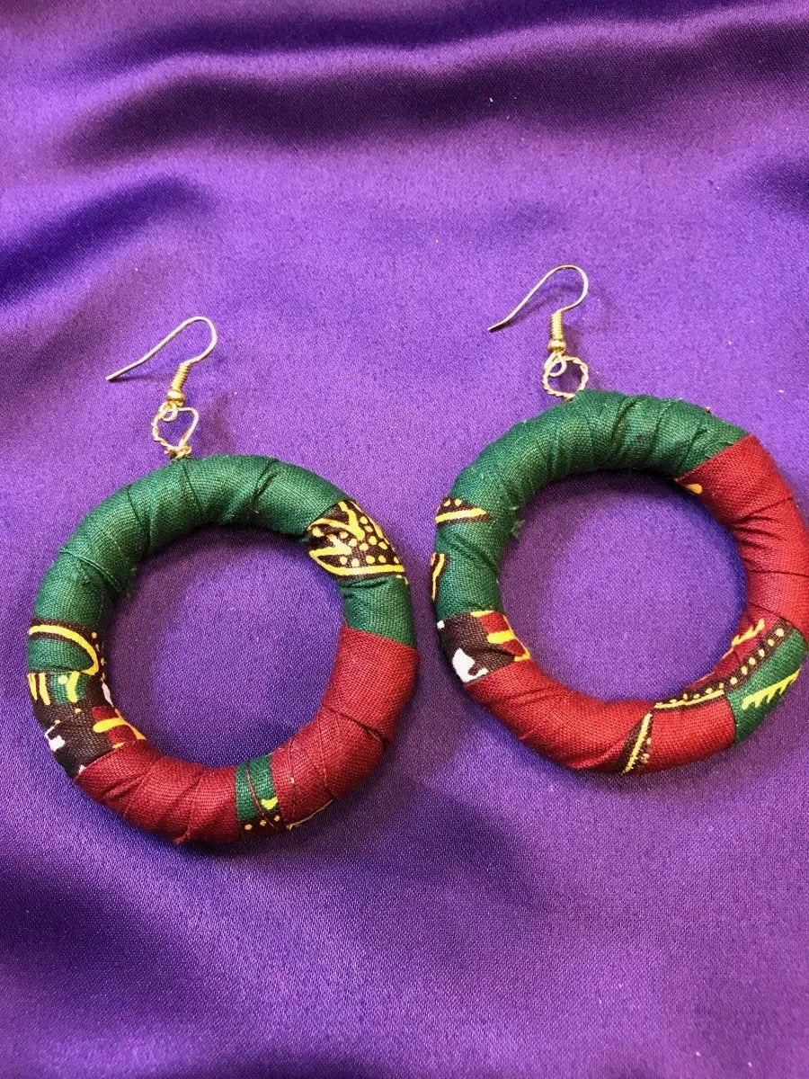 African Hoops in Red Dashiki Print - Up cycled Zero Waste Earrings