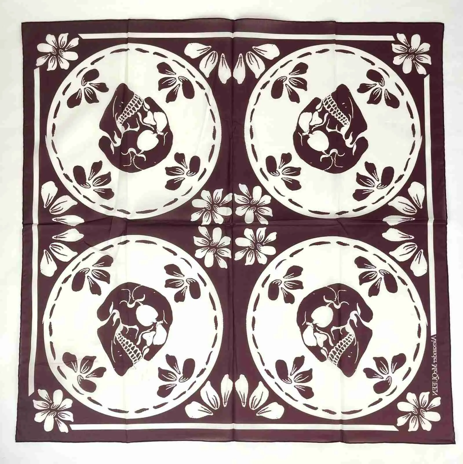 Alexander McQueen Women's Burgundy/Ivory Cotton Square Scarf w/Skull