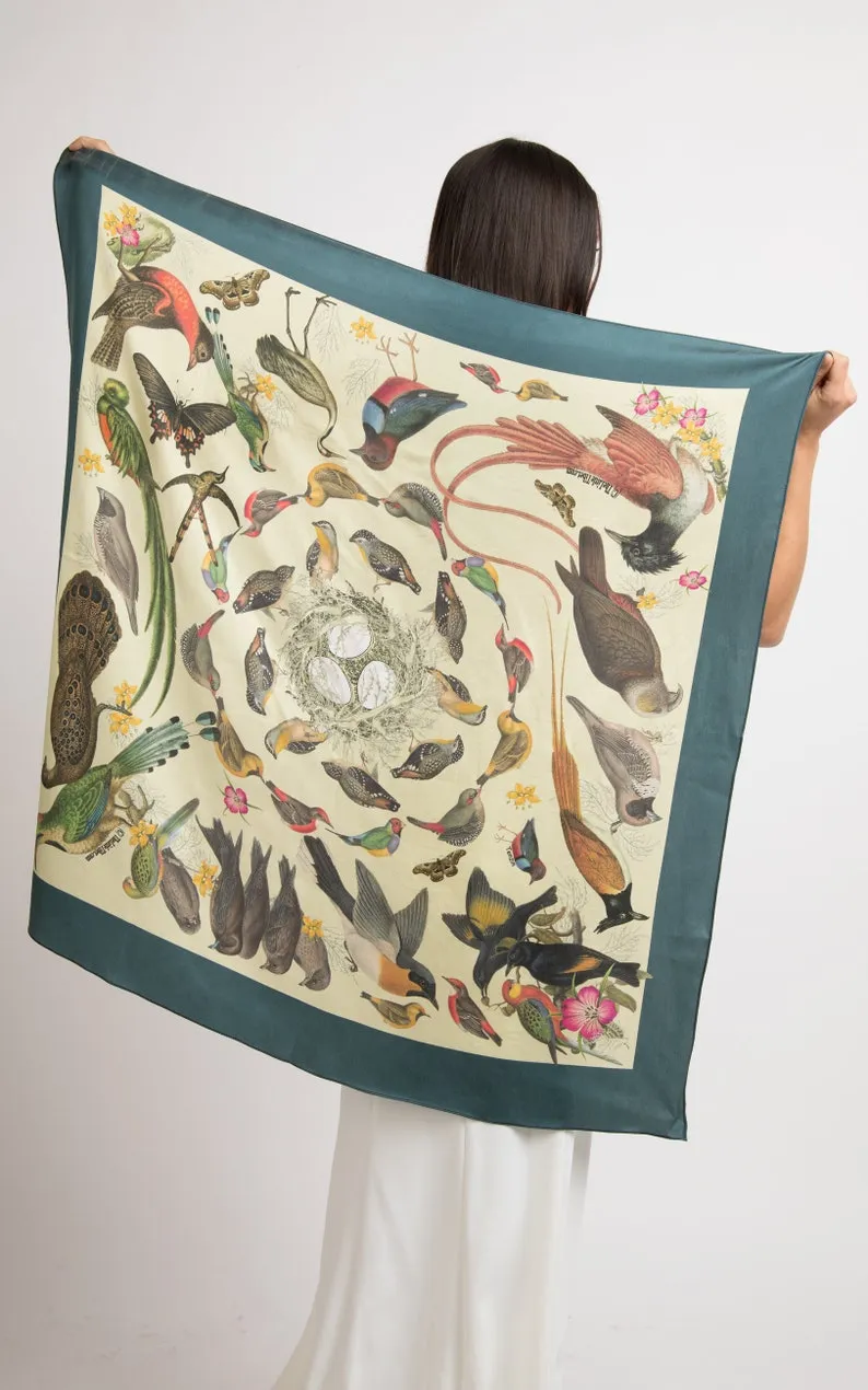 Bird's Nest Square Silk Scarf- Teal Green