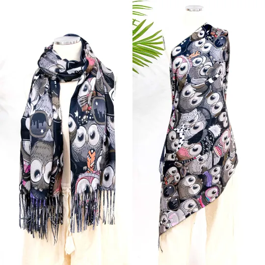 Boho Style Owl Print Oversized  Scarfs