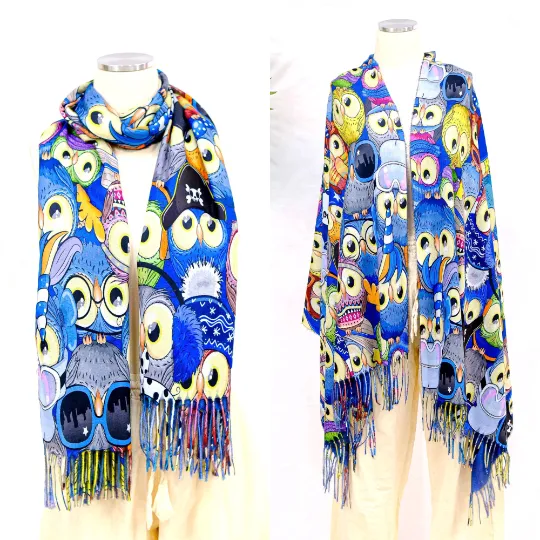 Boho Style Owl Print Oversized  Scarfs