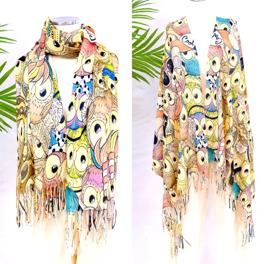 Boho Style Owl Print Oversized  Scarfs