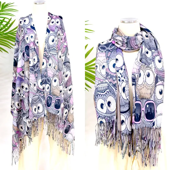 Boho Style Owl Print Oversized  Scarfs