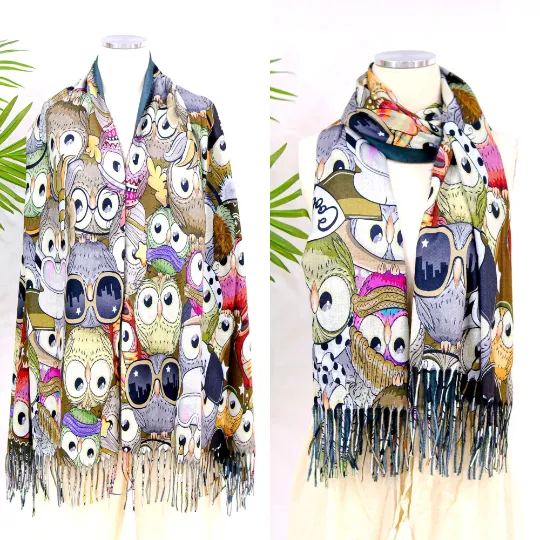 Boho Style Owl Print Oversized  Scarfs