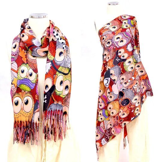 Boho Style Owl Print Oversized  Scarfs