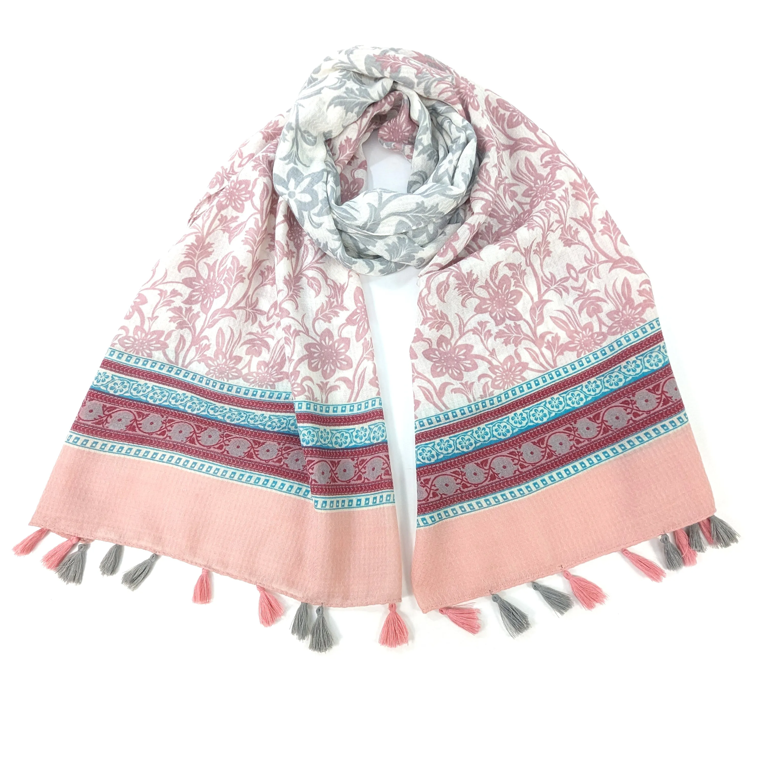 Bordered Flower Scarf - Grey/Pink (80x180cm)