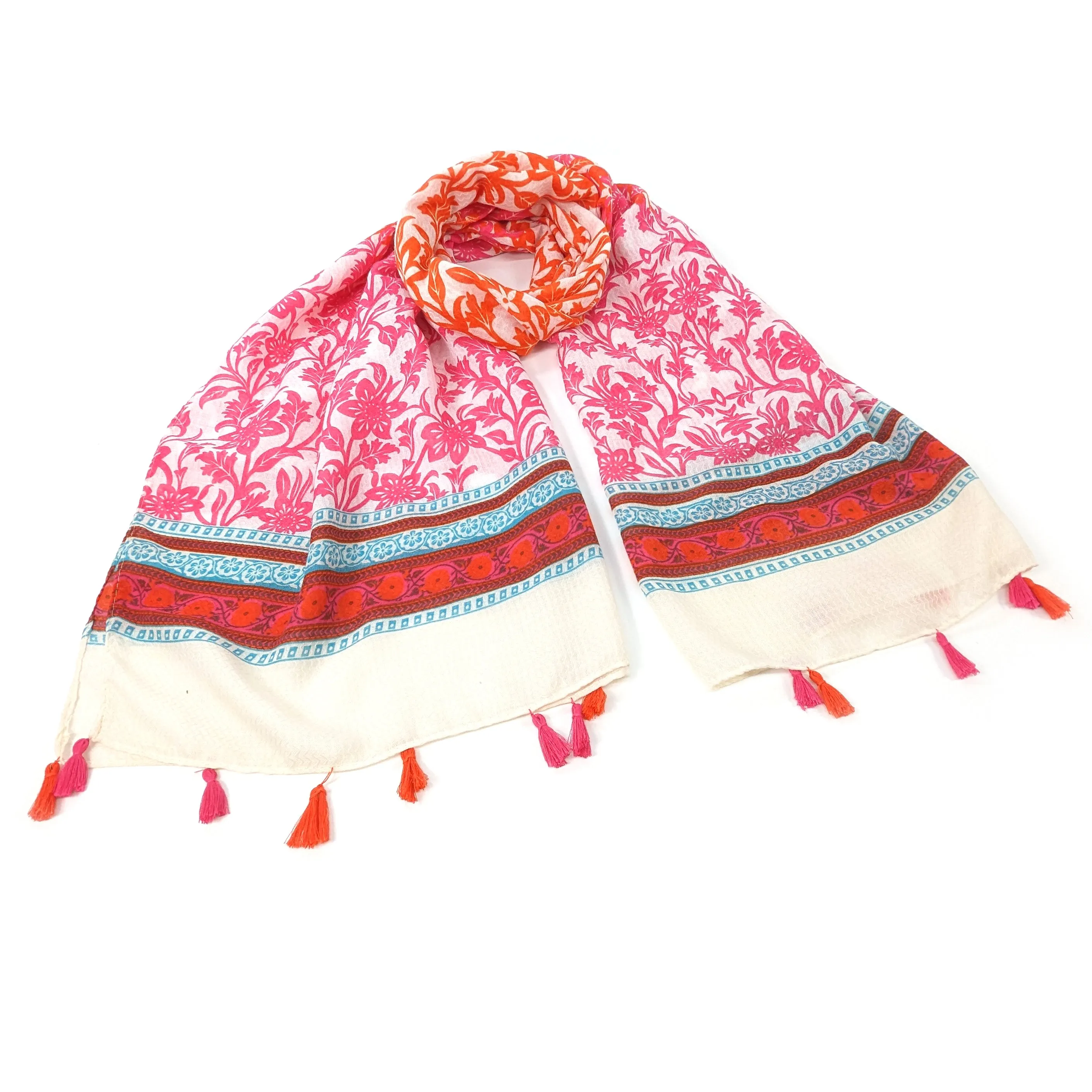 Bordered Flower Scarf - Pink/Orange (80x180cm)