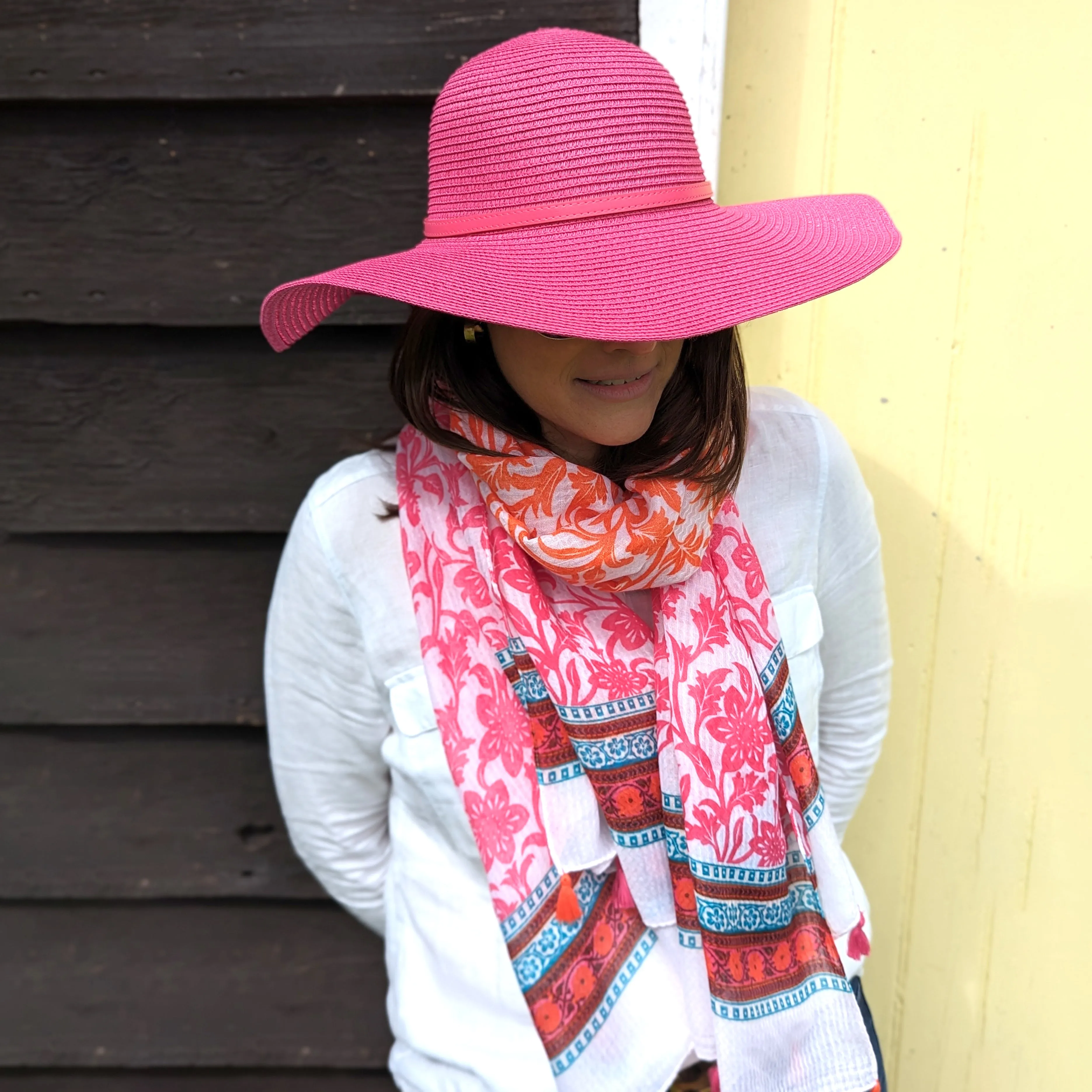 Bordered Flower Scarf - Pink/Orange (80x180cm)