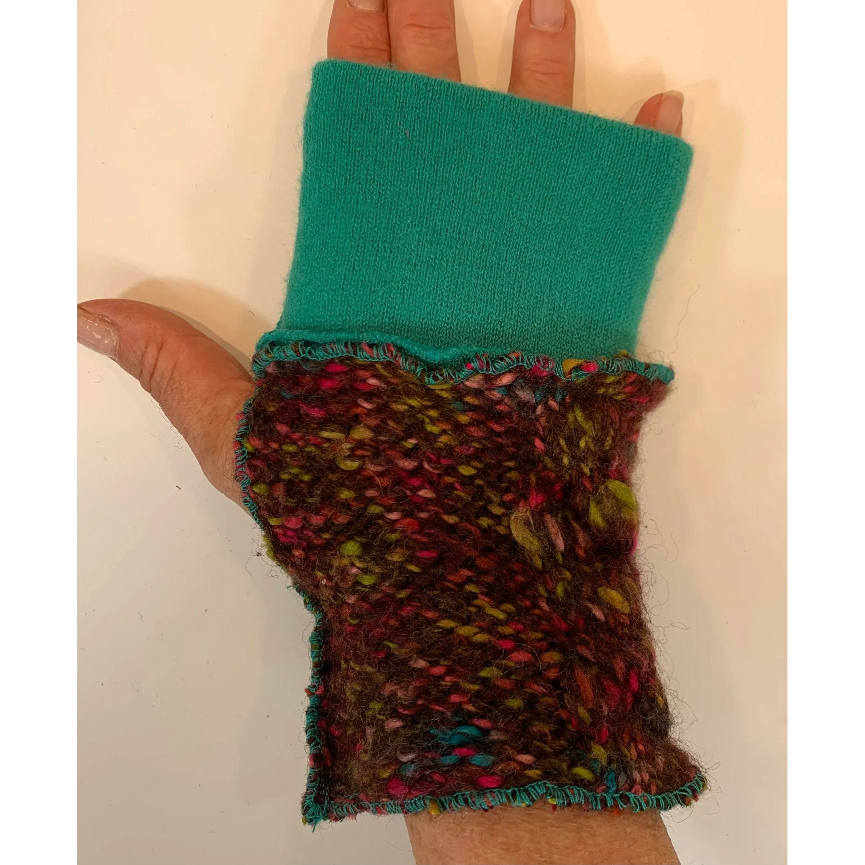 Brown and Teal Repurposed Up-cycled Recycled knit sweater texting fingerless gloves . Free shipping.