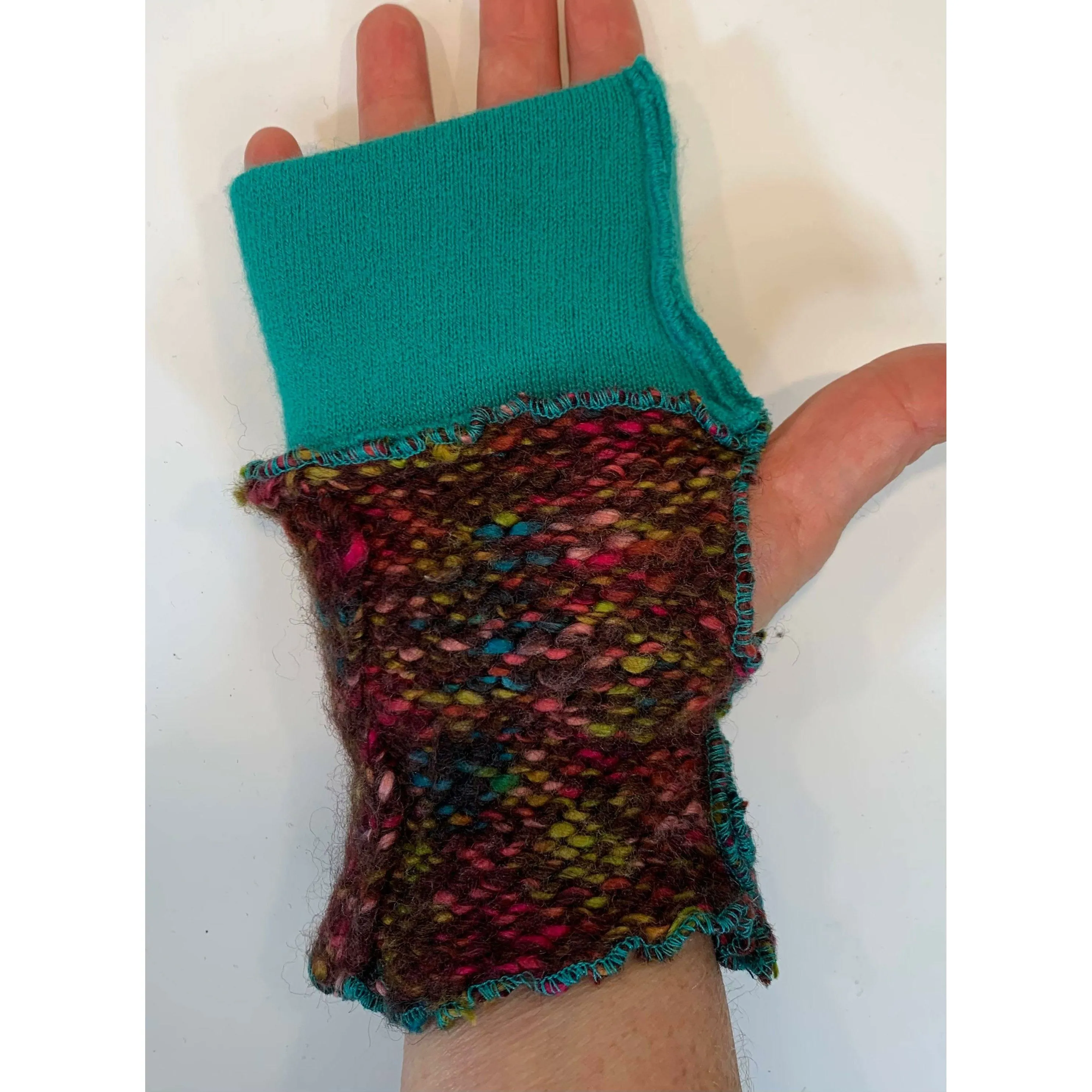 Brown and Teal Repurposed Up-cycled Recycled knit sweater texting fingerless gloves . Free shipping.