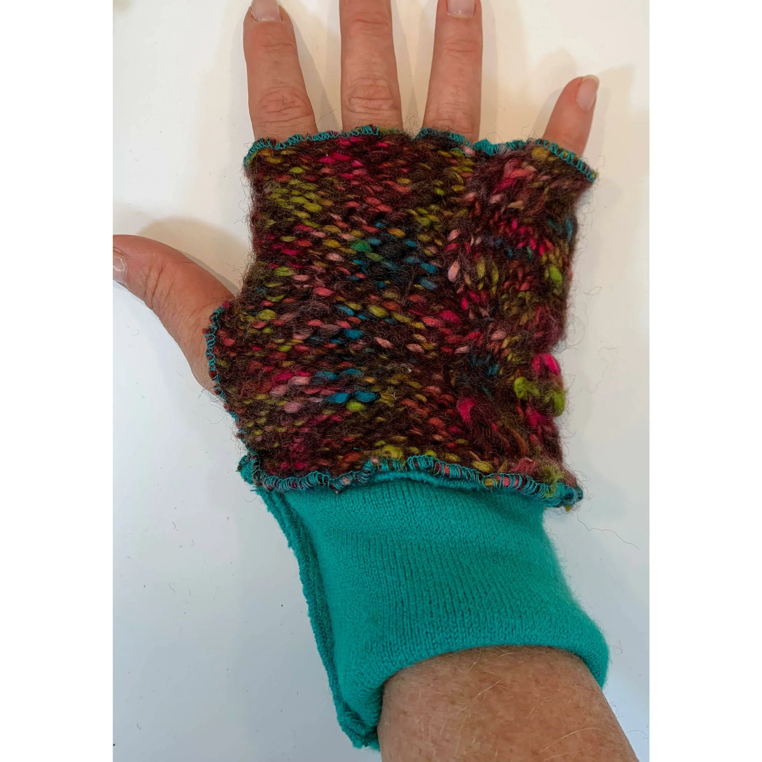 Brown and Teal Repurposed Up-cycled Recycled knit sweater texting fingerless gloves . Free shipping.