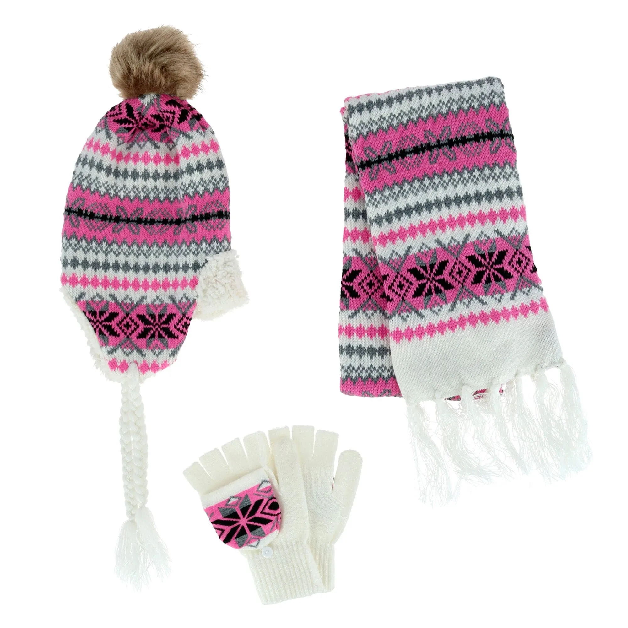 Connex Gear Women's Snowflake Print Hat Scarf and Glommit 3-Piece Winter Set