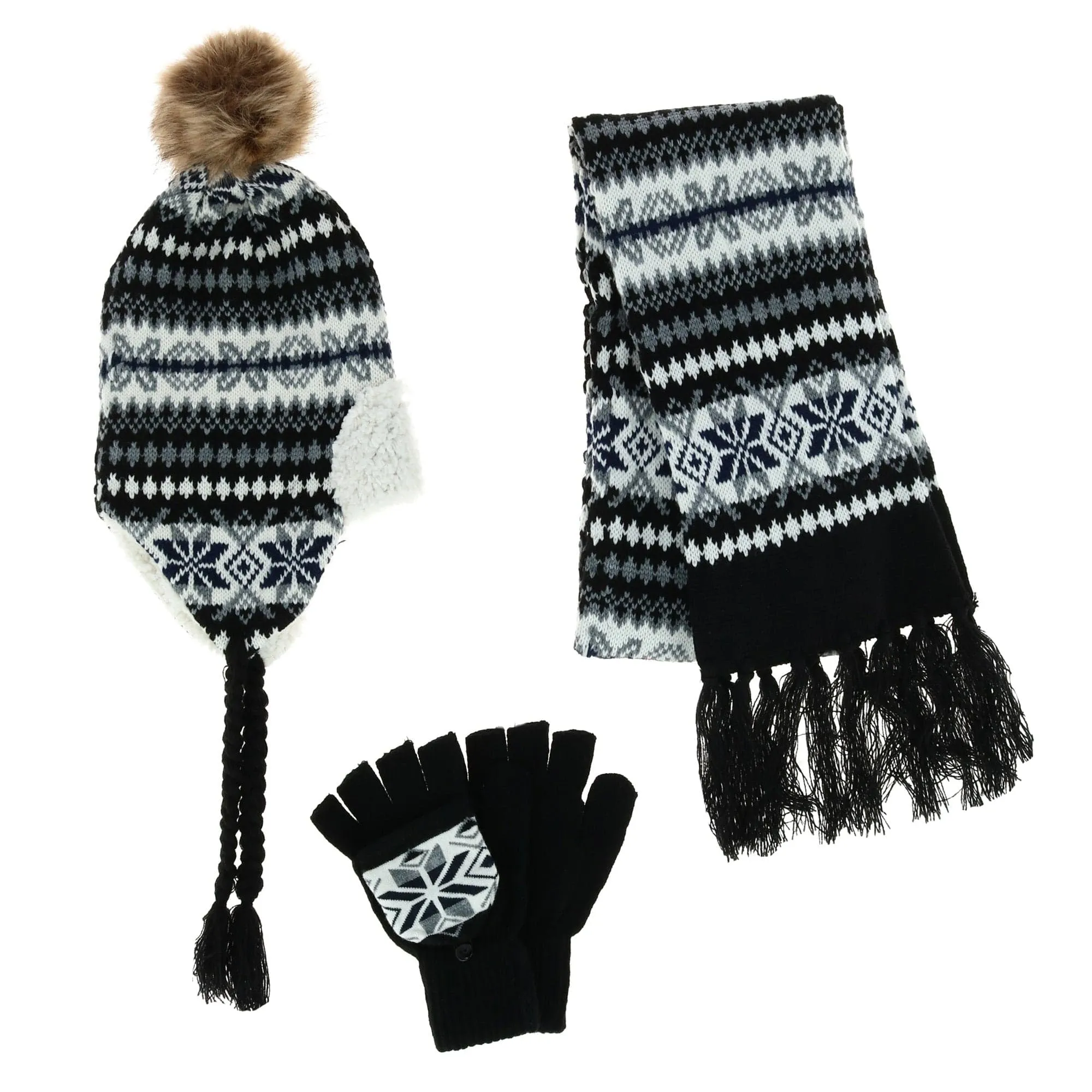 Connex Gear Women's Snowflake Print Hat Scarf and Glommit 3-Piece Winter Set