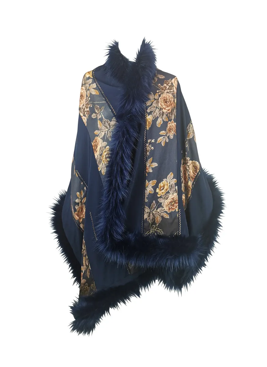 D220040 Fur Side Trim Floral Printed Scarf *Last Piece