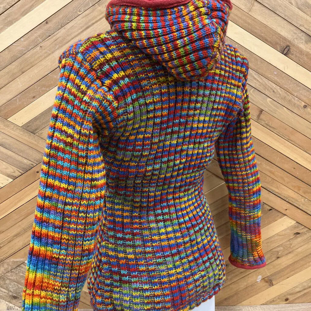 Dharma Chakra Imports - Zip-Up Wool Sweater Hand Made in Nepal: Rainbow-women-SM