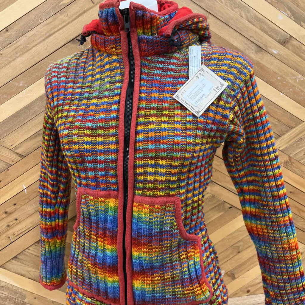 Dharma Chakra Imports - Zip-Up Wool Sweater Hand Made in Nepal: Rainbow-women-SM