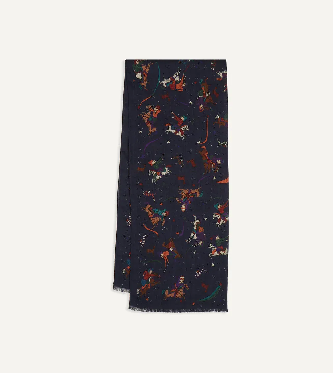 Drake's Mughal Rider and Stars Print Wool Scarf / Navy