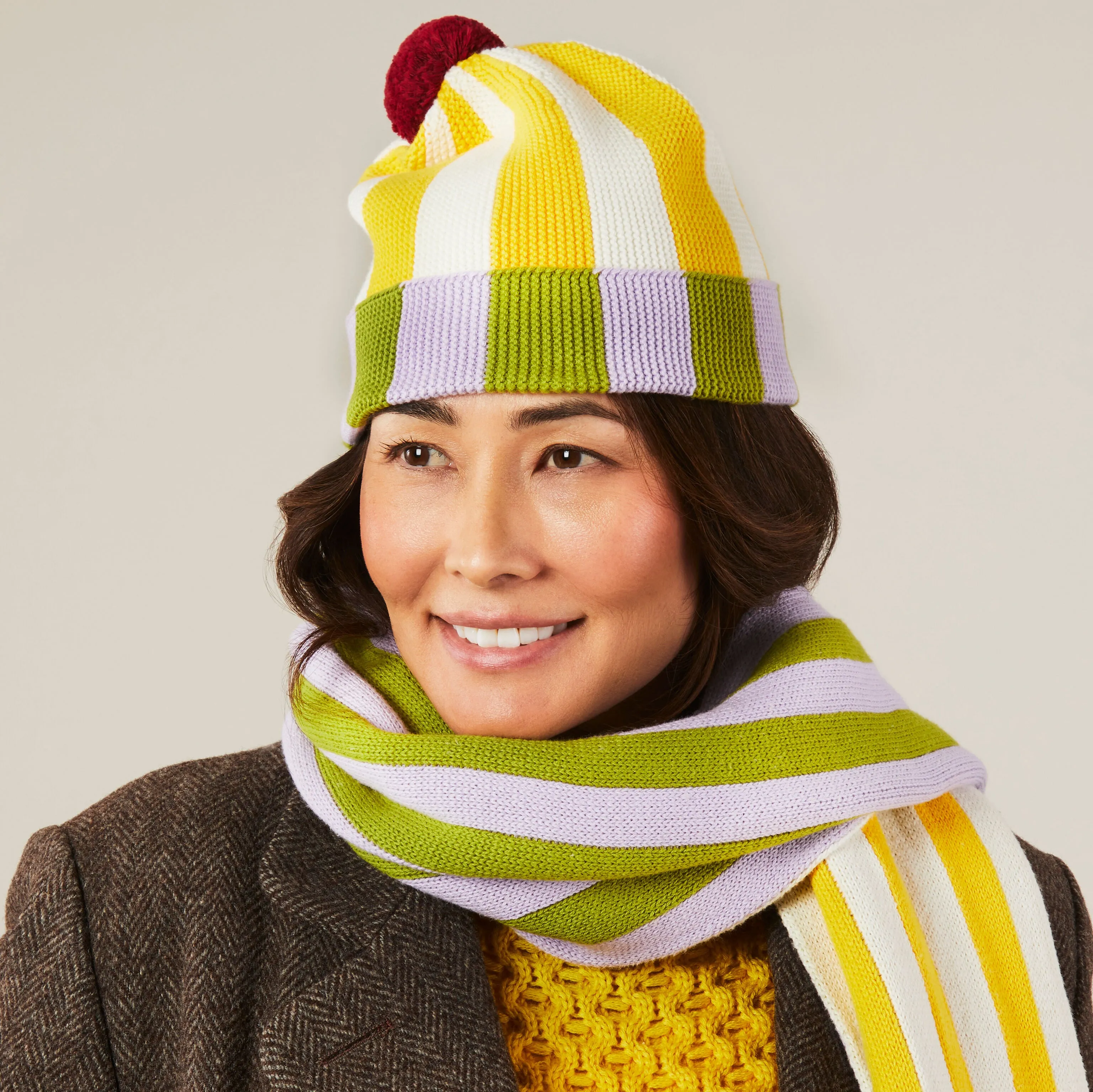 Dusen Dusen Cotton Striped Beanie - Purple/ Yellow