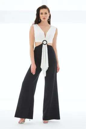 Ecru Black Belly Decollete Buckled Jumpsuit