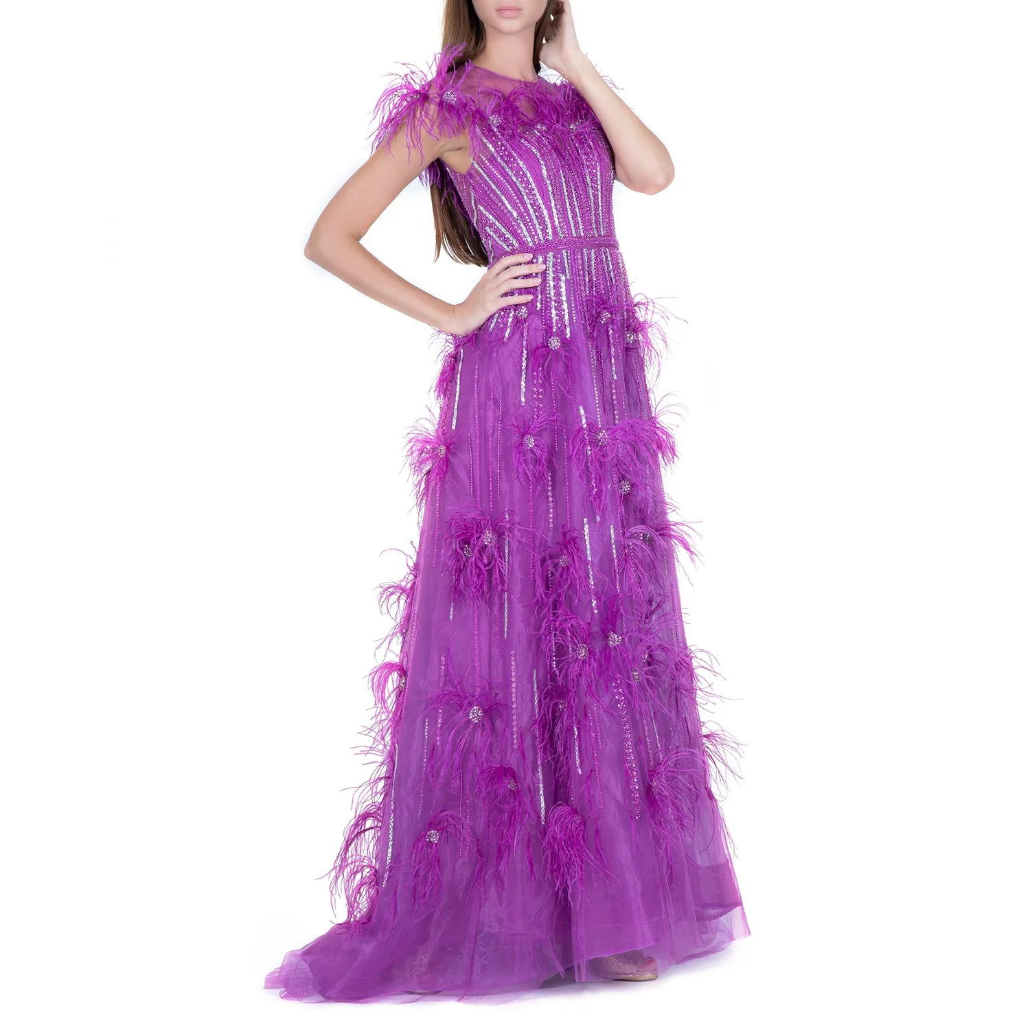 Embellished Feather Trim Gown