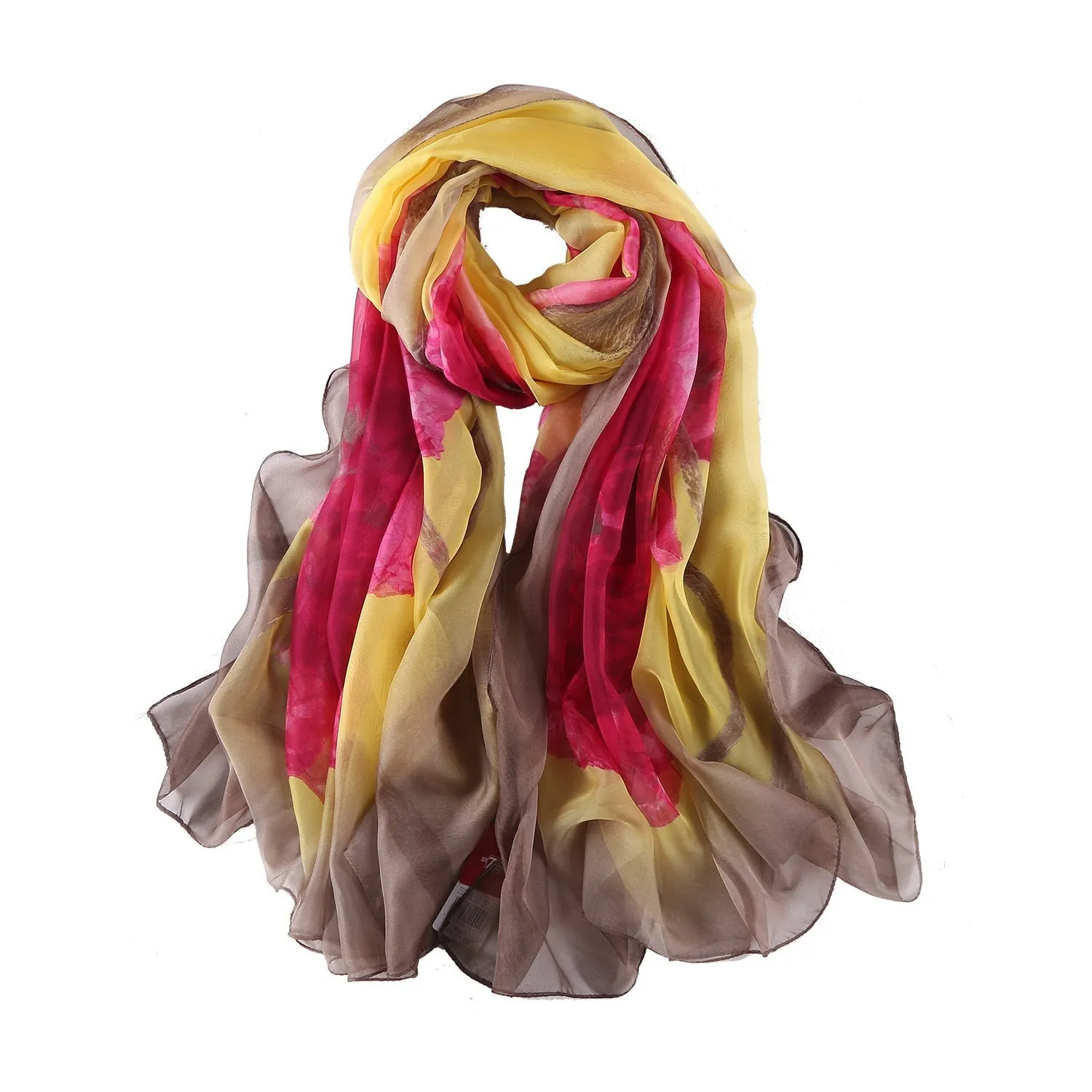 Extra Long Extra Wide Chiffon Scarf Beach Scarf Brown and Pink Floral Print CHD327