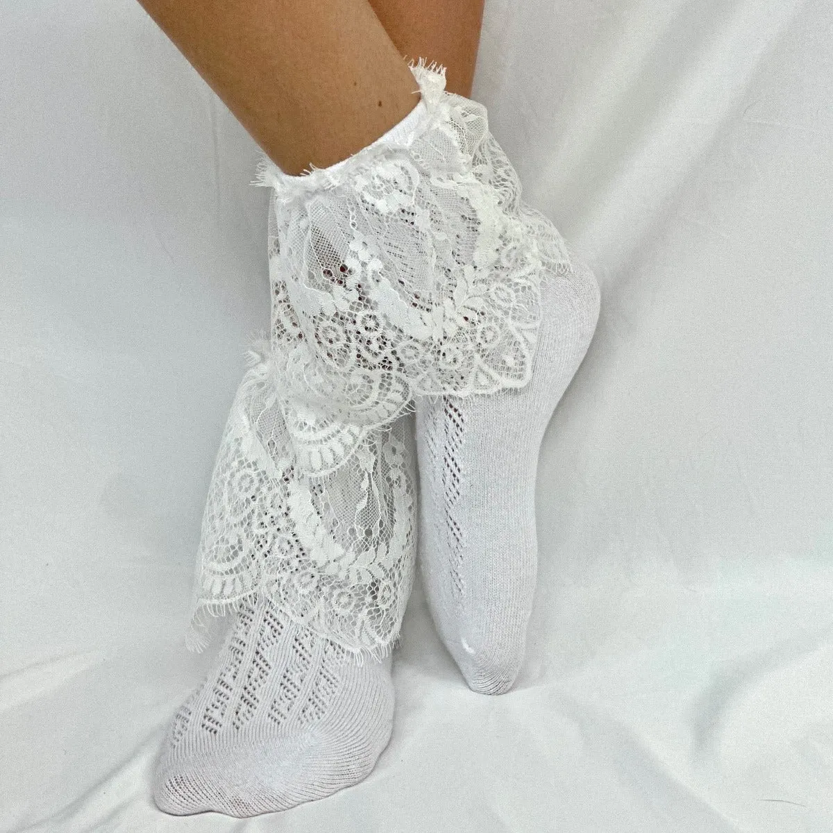 EYELASH  lace ankle sock -  white