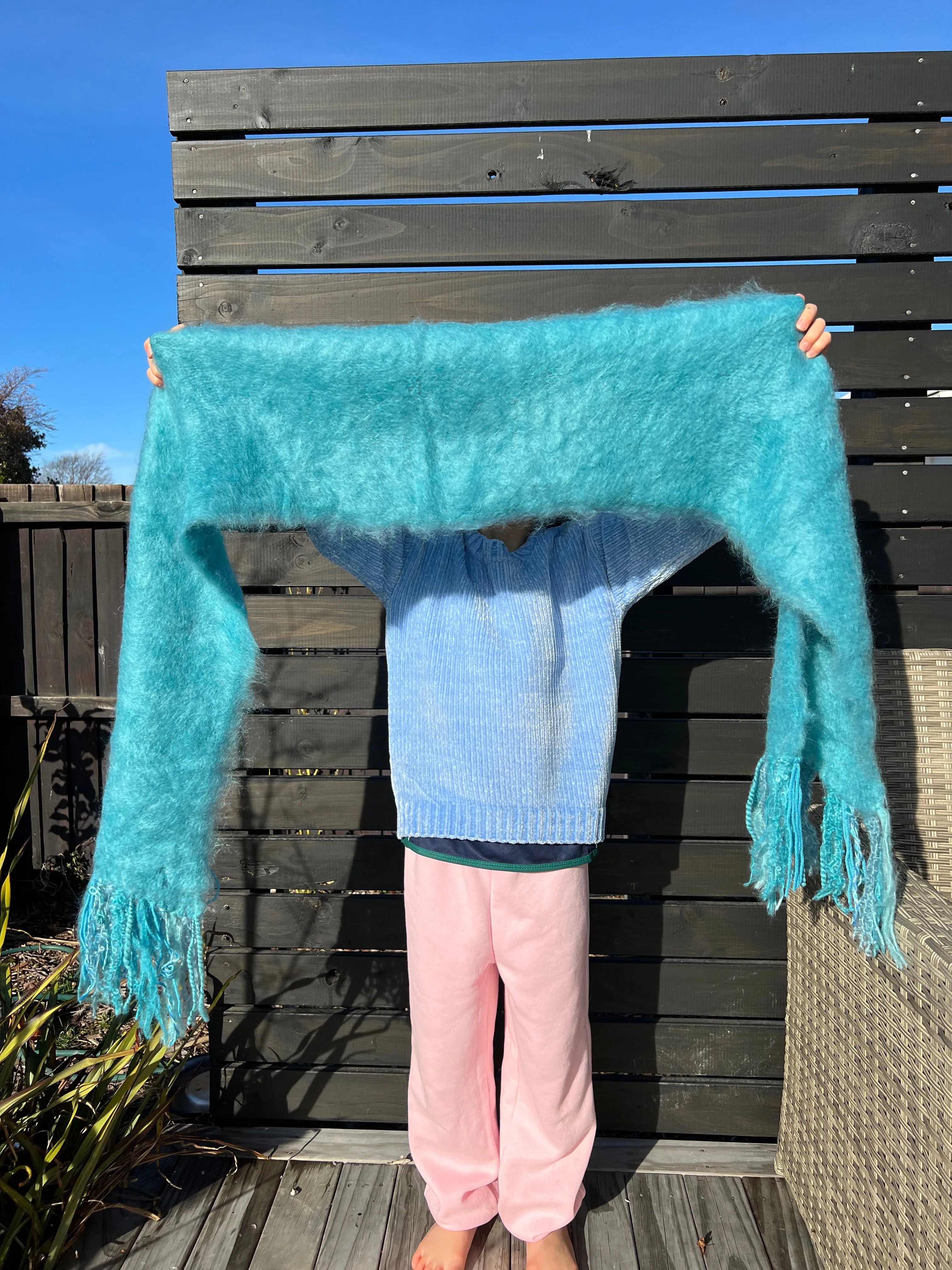 Fluffy Mohair Scarf with Shaggy Tassels - Turquoise