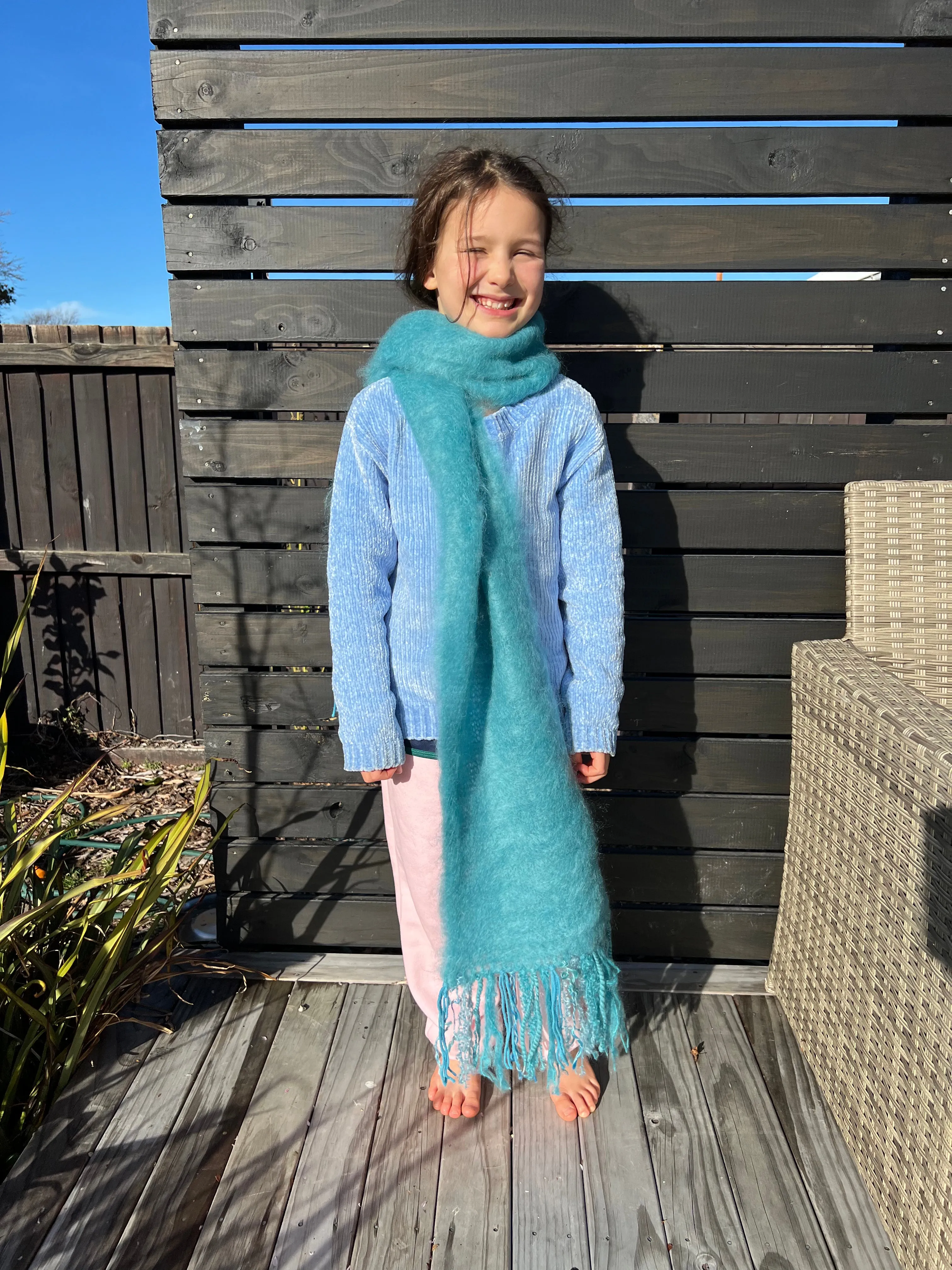 Fluffy Mohair Scarf with Shaggy Tassels - Turquoise