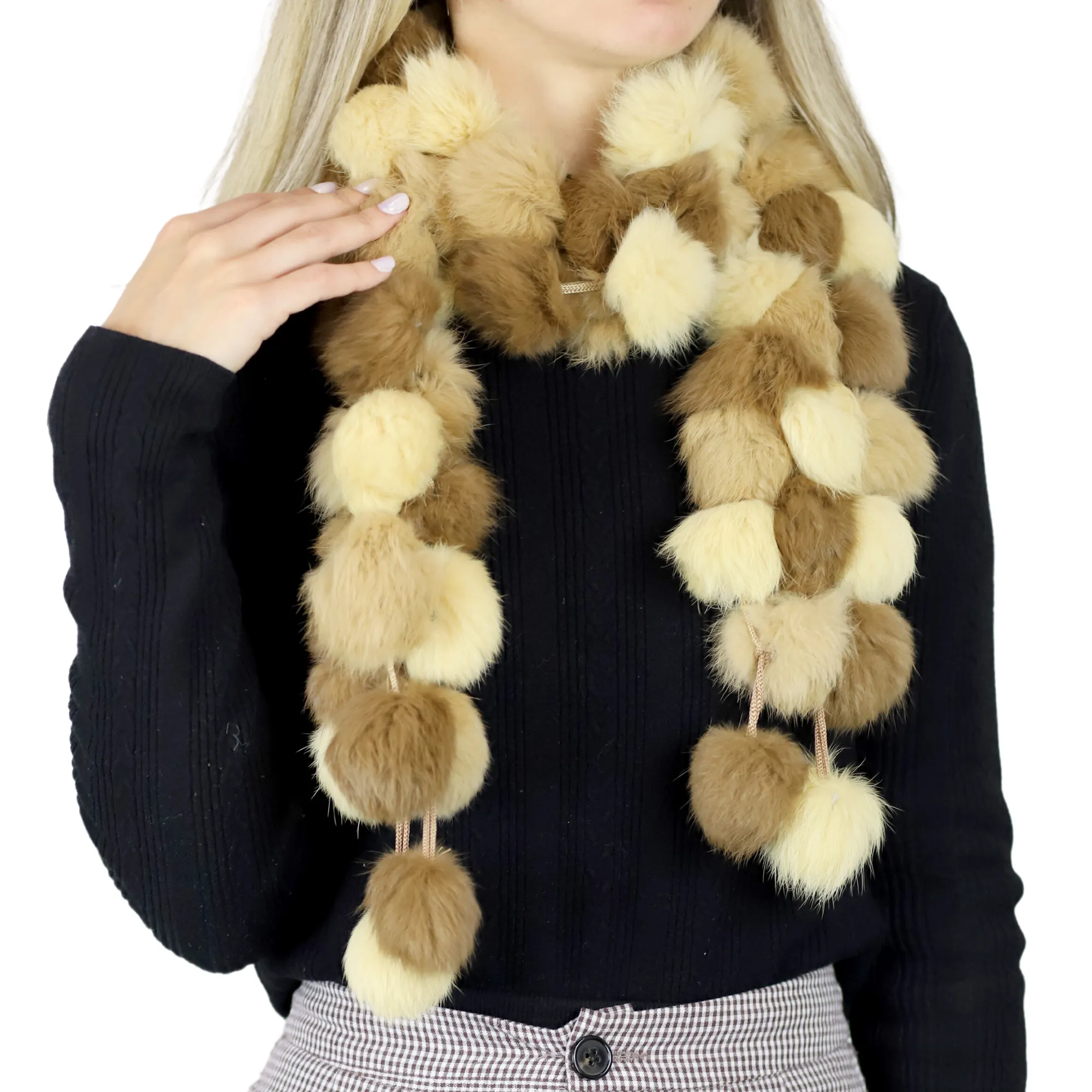 Genuine Rabbit Pom Pom Scarf - Ivory/Camel