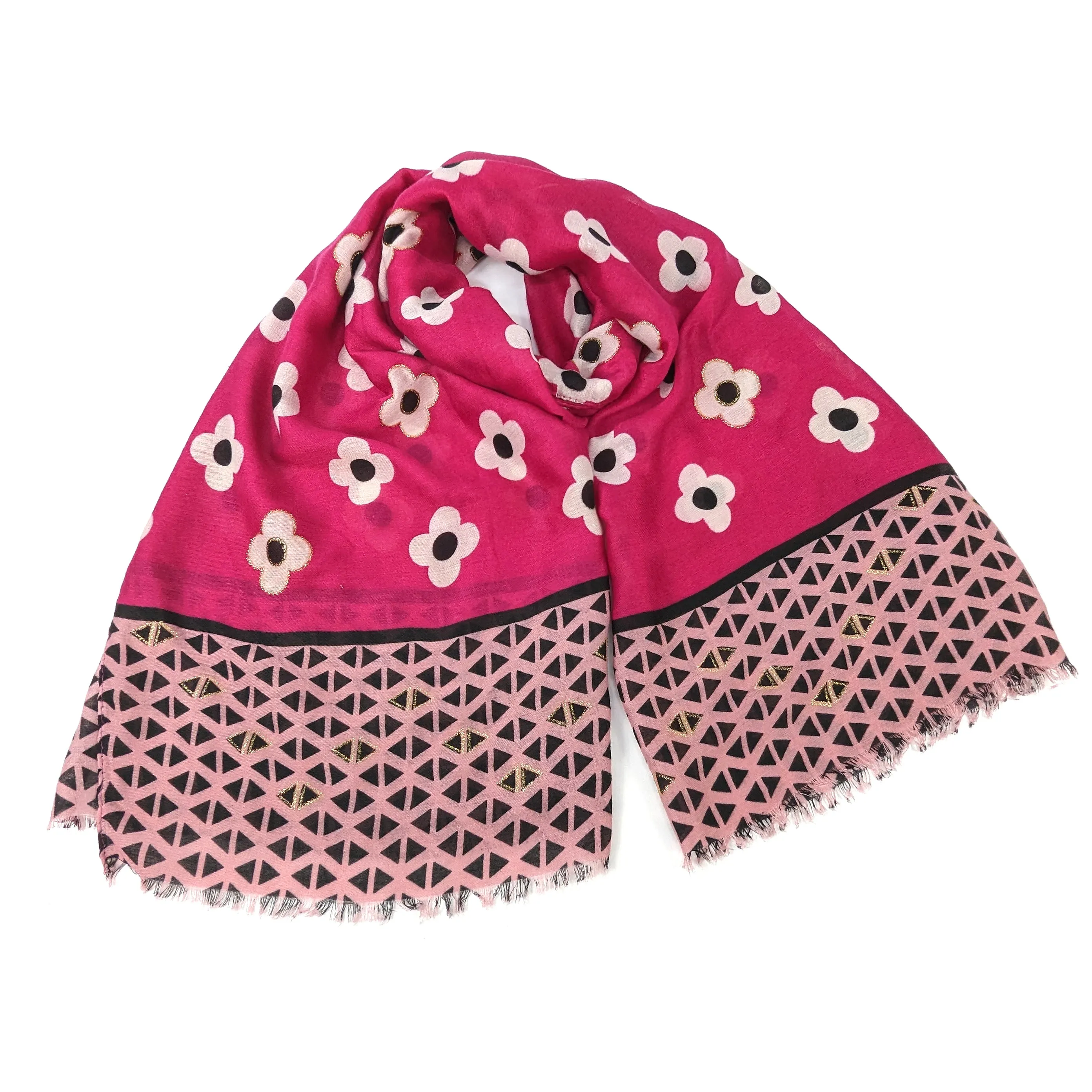 Gold Retro Flower Scarf - Magenta Pink (50x180cm)