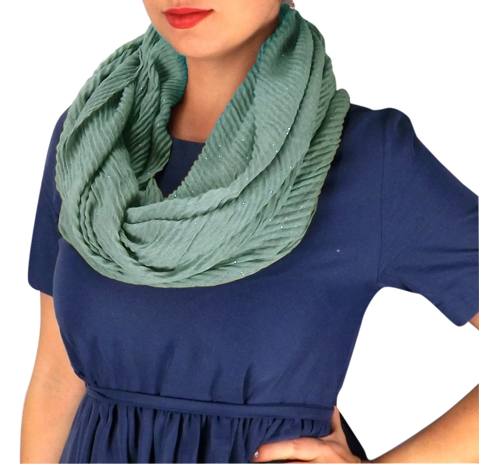 Green Peach Couture Lightweight Sheer Shimmering Crinkled Pattern Infinity Loop Scarf