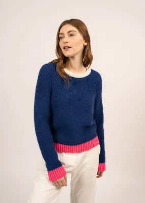 HASPARREN - Color-block Sweater in Mohair Wool Blend (BLUE / NEON PINK / WINTER WHITE)