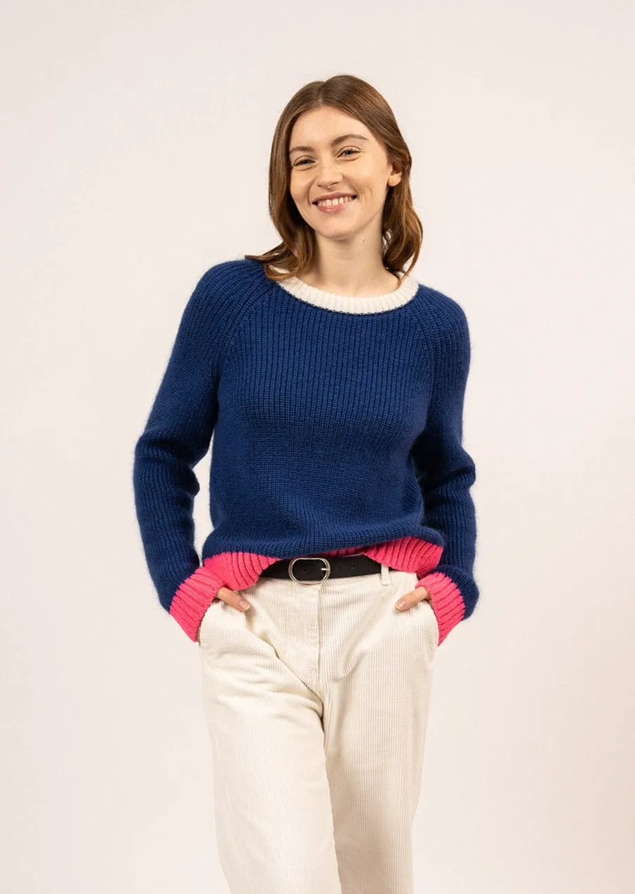 HASPARREN - Color-block Sweater in Mohair Wool Blend (BLUE / NEON PINK / WINTER WHITE)