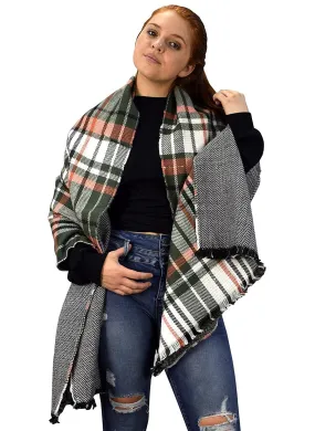 Hunter Green Reversible Oversized Plaid Tartan Herringbone Blanket Scarf