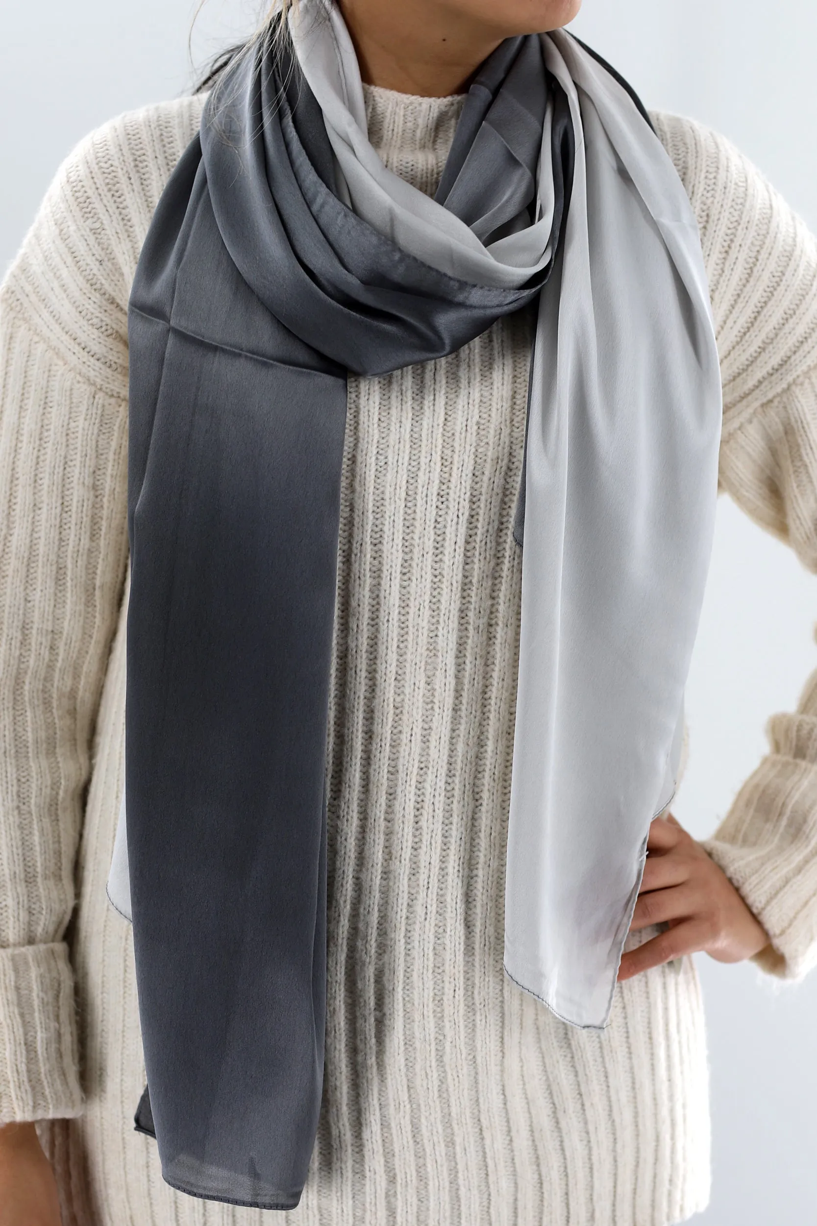 La Fiorentina Satin Soft Ombre Scarf - Light Grey/Black