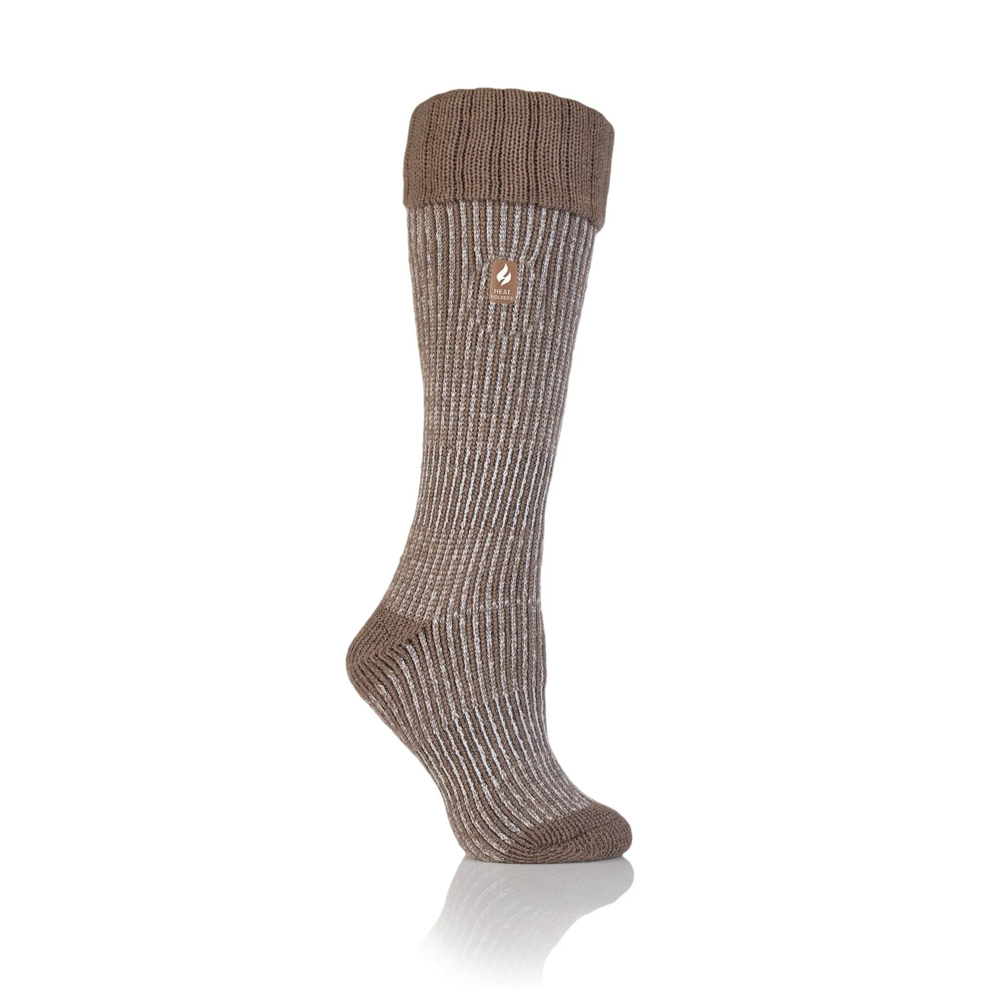 Ladies Original Begonia Long Boot Socks With Turnover Top - Brown & Cream