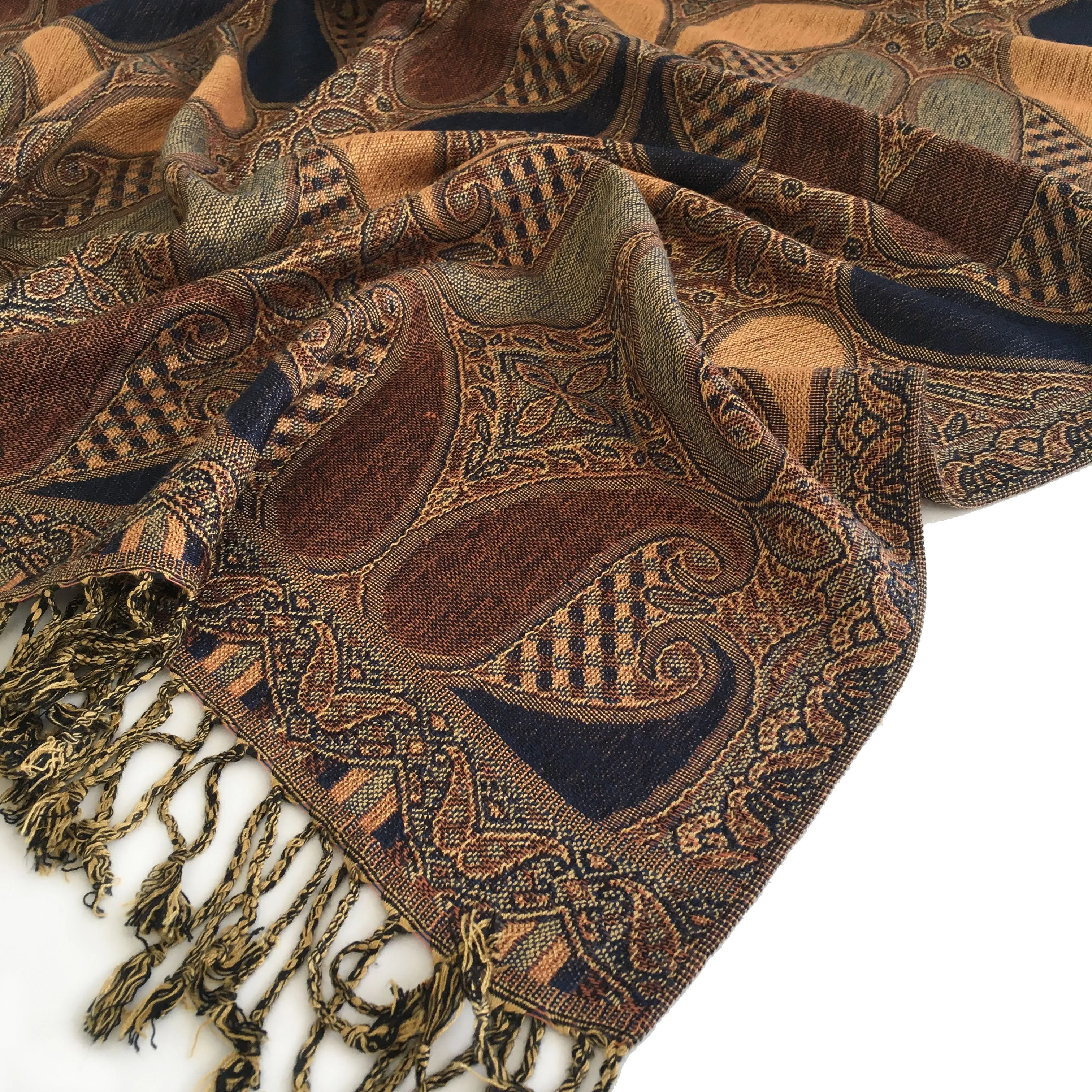 LARGE BROWN GINGHAM PAISLEY PRINT REVERSIBLE PASHMINA SHAWL SCARF