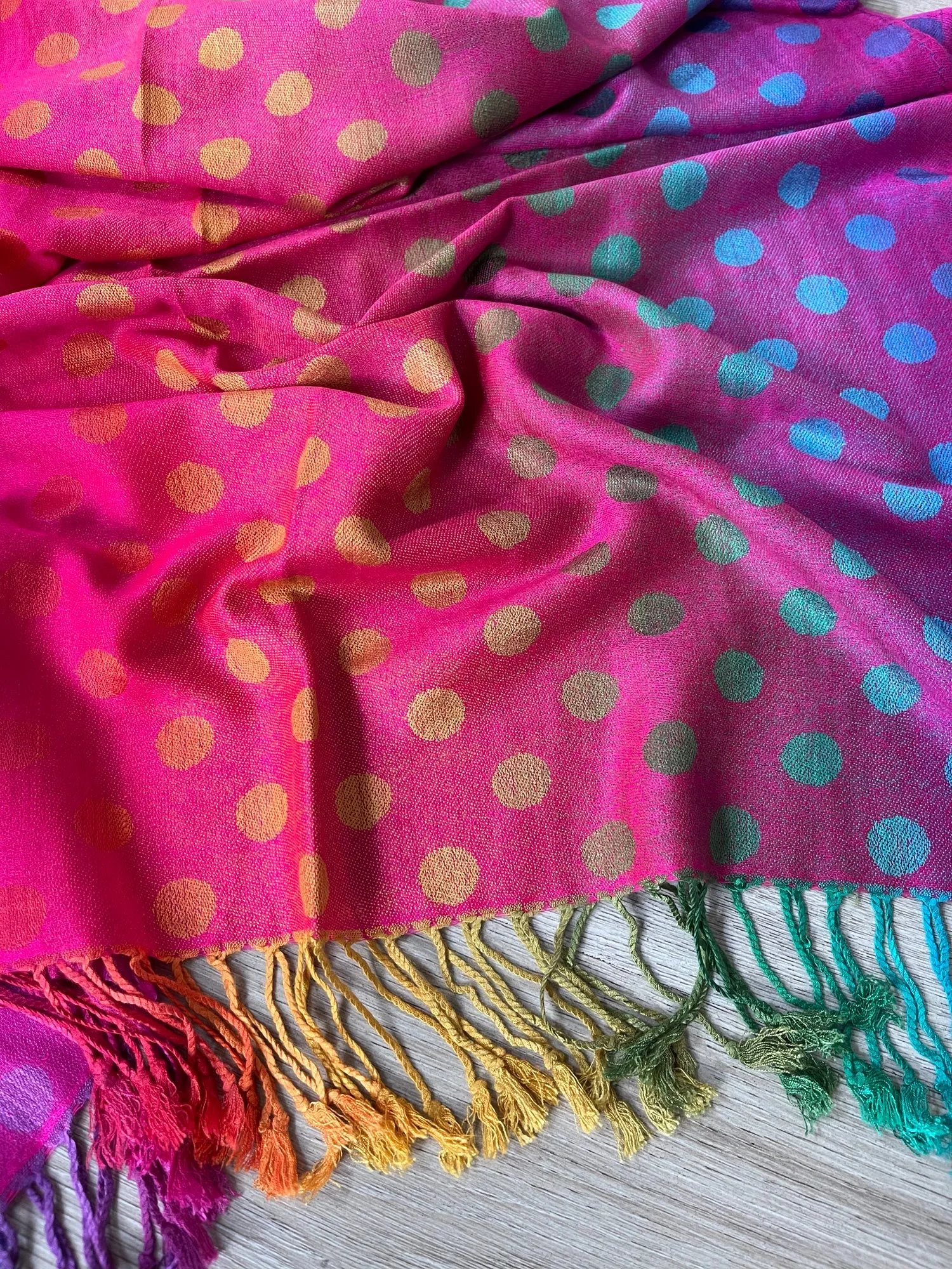 LARGE FUCHSIA PINK MULTI-COLOUR DOT PRINT PASHMINA SHAWL SCARF