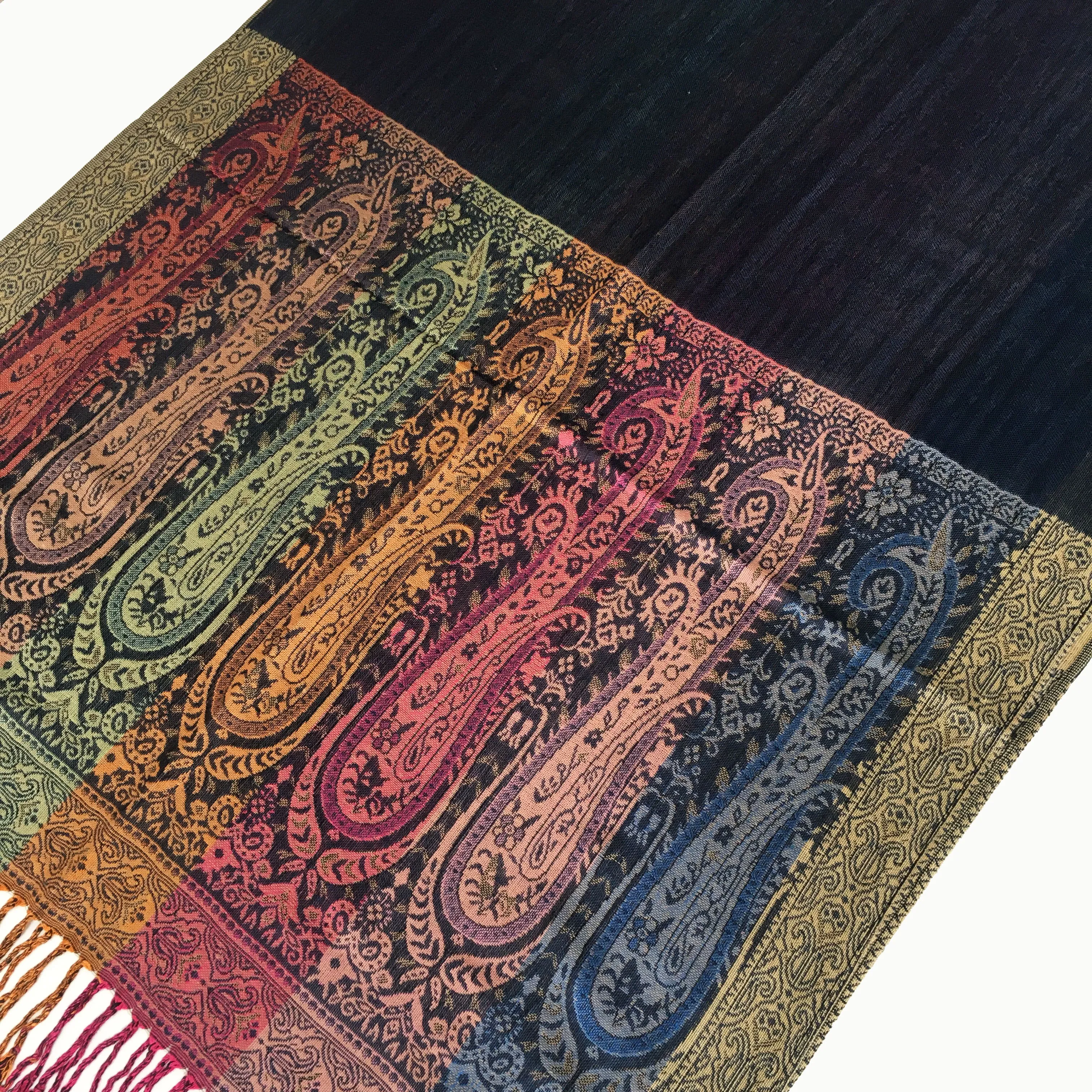 LARGE NAVY BLUE RAINBOW MULTI COLOUR PAISLEY PRINT PASHMINA SHAWL SCARF