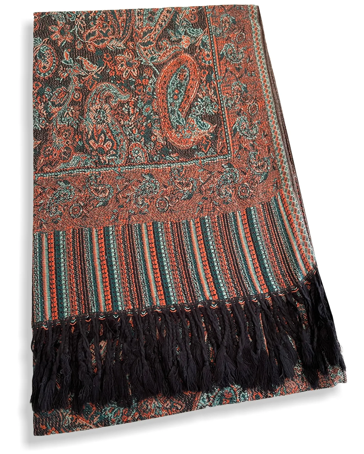 LARGE ORANGE RUST PAISLEY PRINT REVERSIBLE PASHMINA SHAWL SCARF WITH TASSELS