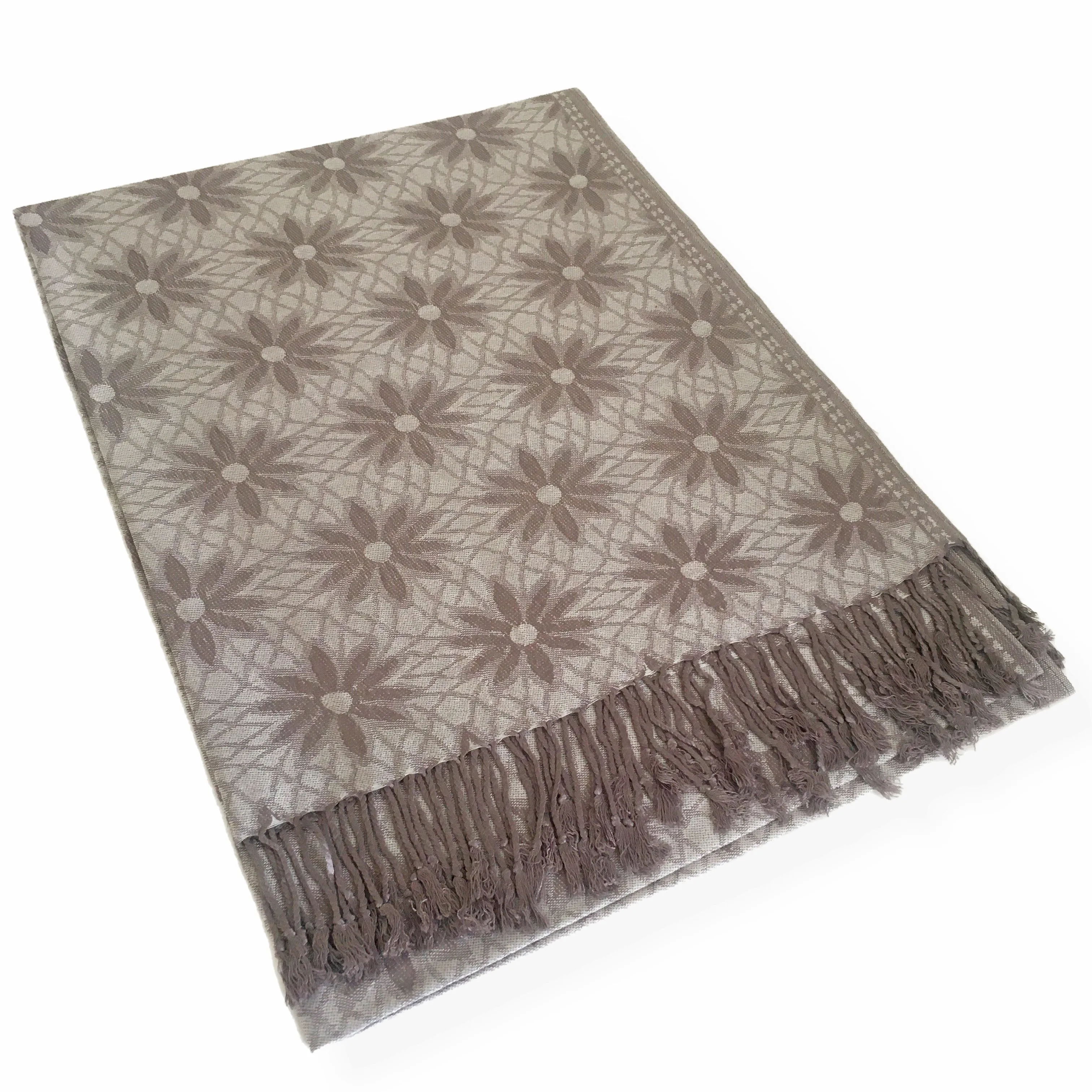 LARGE SILVER FLORAL DAISY PRINT GEOMETRIC REVERSIBLE PASHMINA SHAWL SCARF