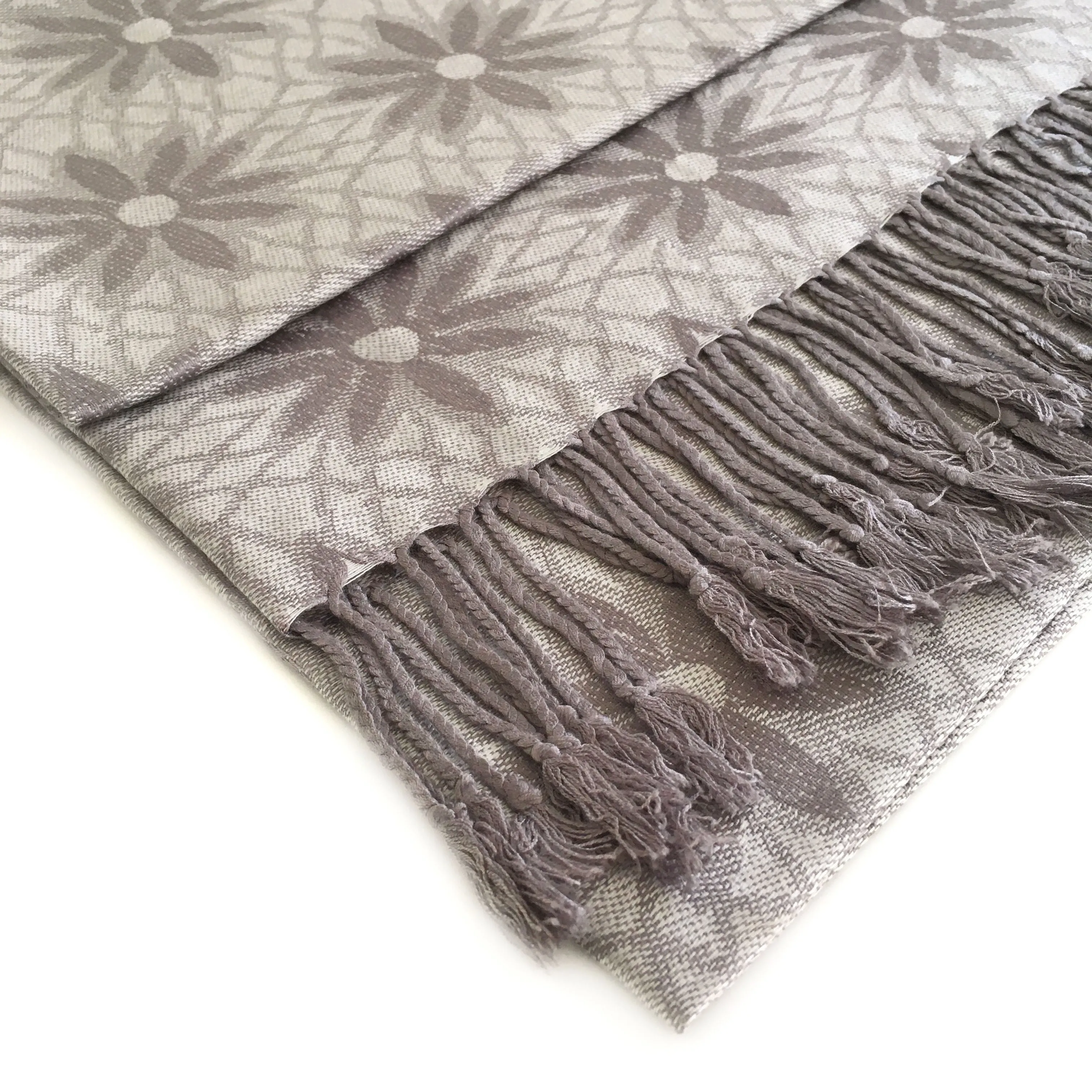 LARGE SILVER FLORAL DAISY PRINT GEOMETRIC REVERSIBLE PASHMINA SHAWL SCARF