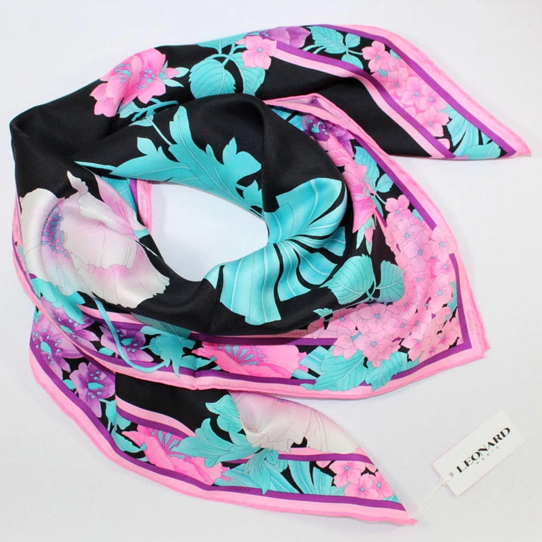 Leonard Paris Scarf Black Pink Aqua Floral - Square Twill Silk Scarf SALE