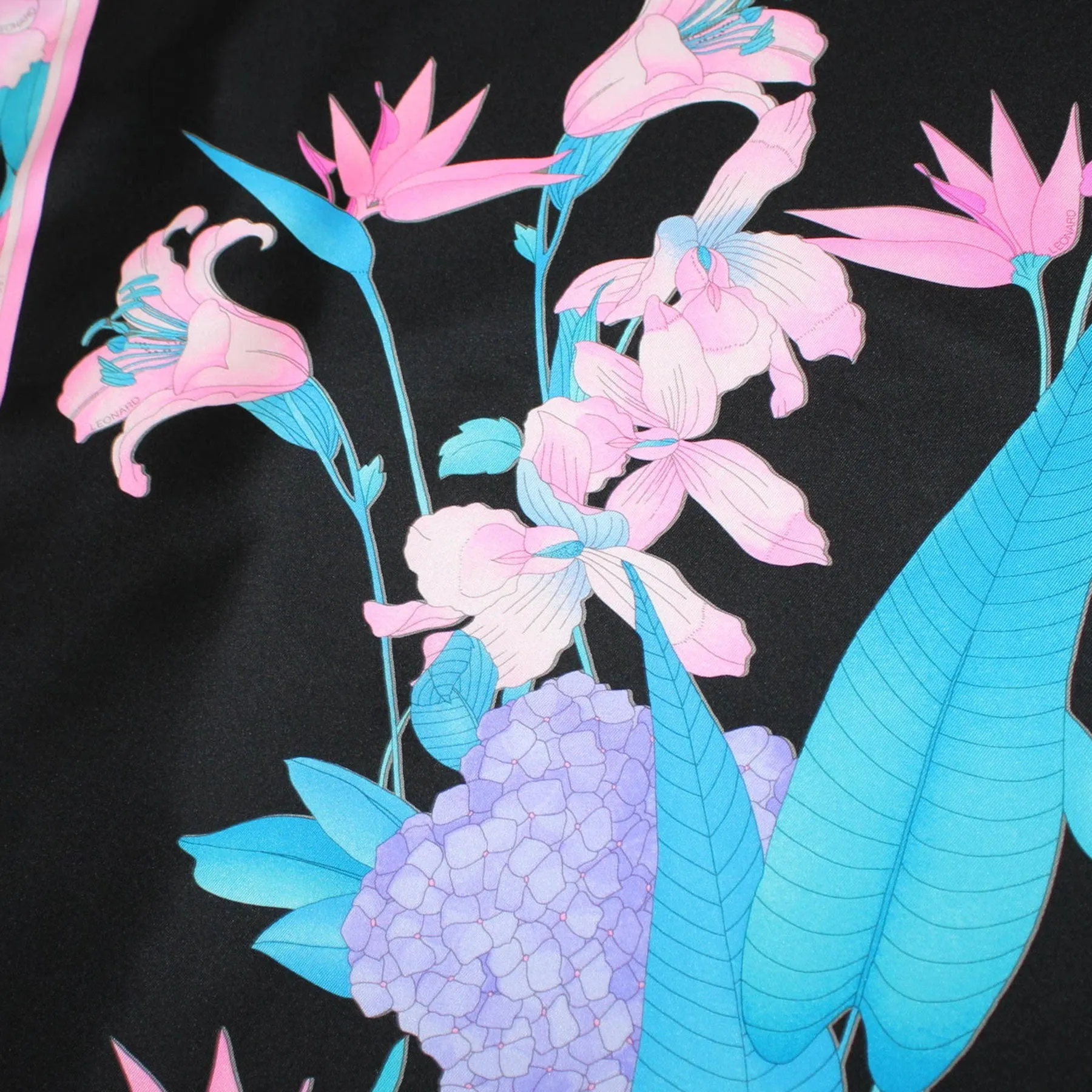 Leonard Scarf Black Pink Aqua Blue Floral - Large Square Twill Silk Foulard SALE