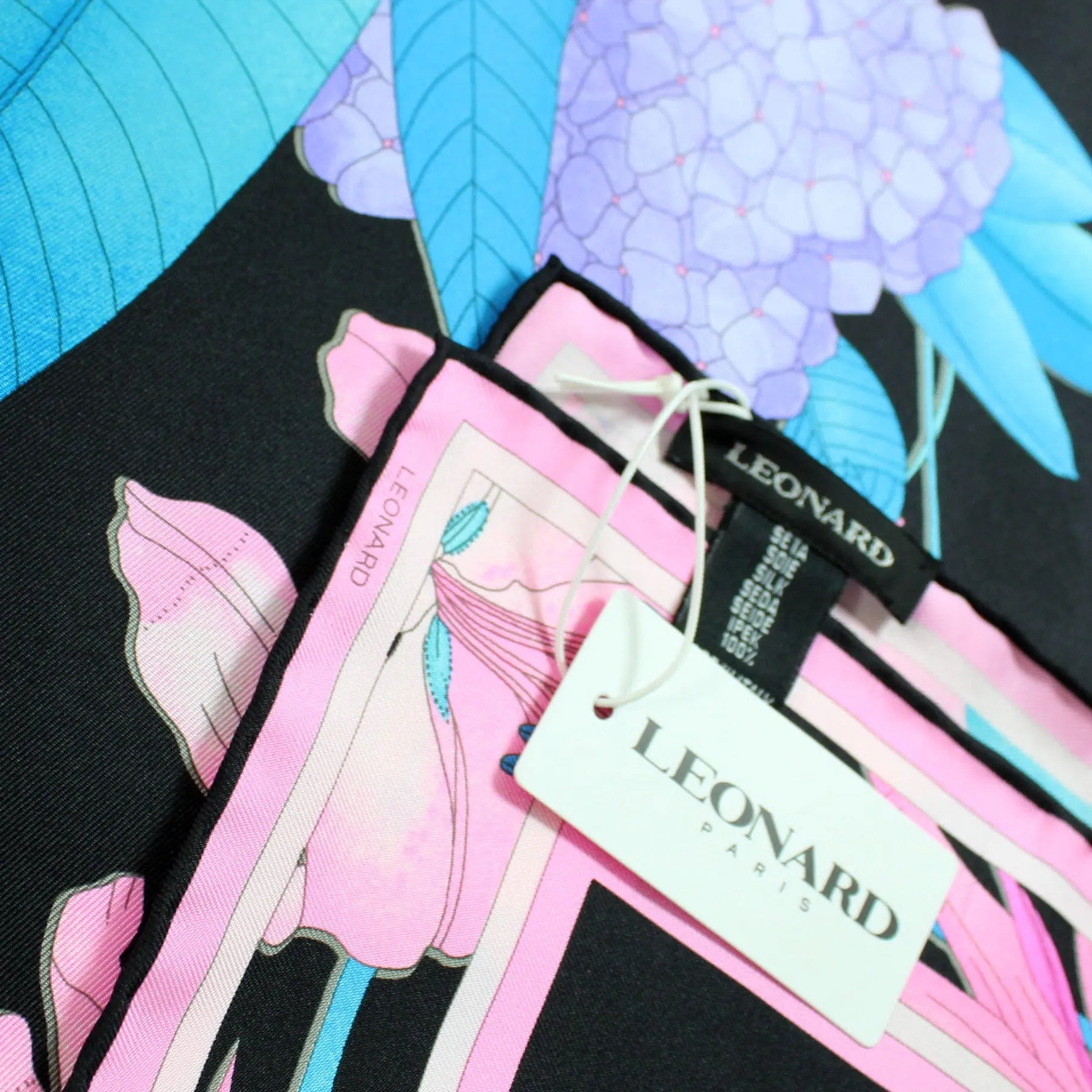 Leonard Scarf Black Pink Aqua Blue Floral - Large Square Twill Silk Foulard SALE