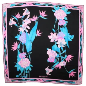 Leonard Scarf Black Pink Aqua Blue Floral - Large Square Twill Silk Foulard SALE